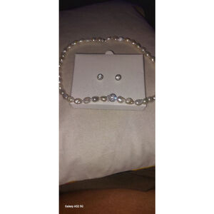 Precious Pearl and Rhinestone Necklace & Sterling Silver Earring Post Set